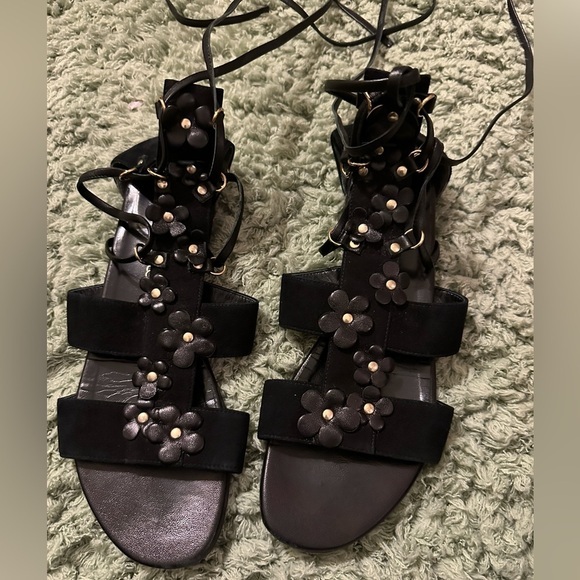 Tamara Mellon Black Leather Floral Lace Up Gladiator Sandals Size 37 US 7 - Picture 1 of 11